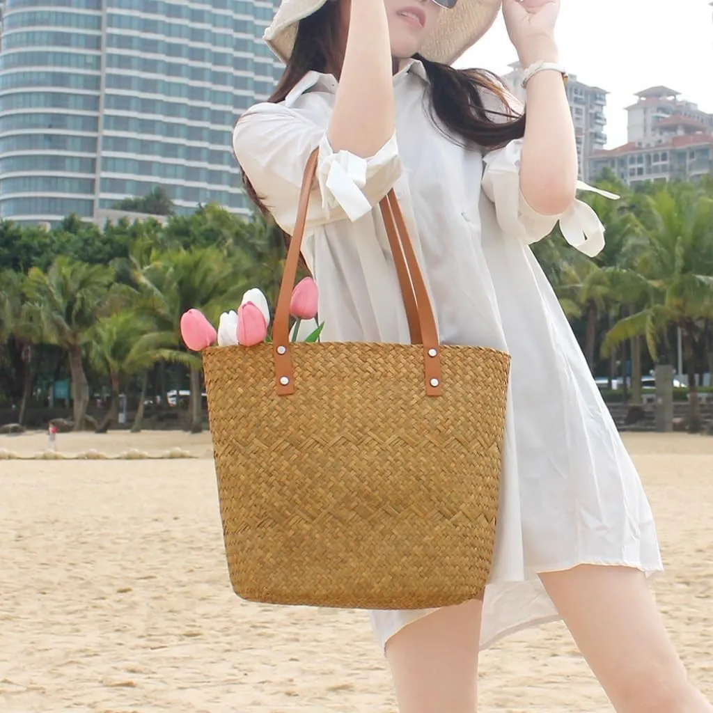 Large capacity Bag Casual Vacation - style Straw Handbag with Leather Details: Enjoy Beach Time Ladies shoulder Bag