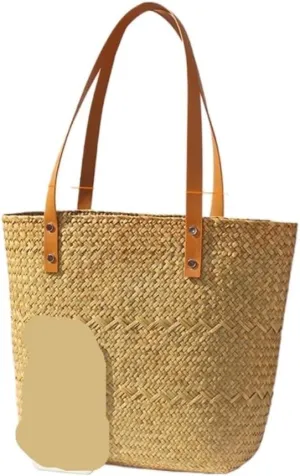 Large capacity Bag Casual Vacation - style Straw Handbag with Leather Details: Enjoy Beach Time Ladies shoulder Bag