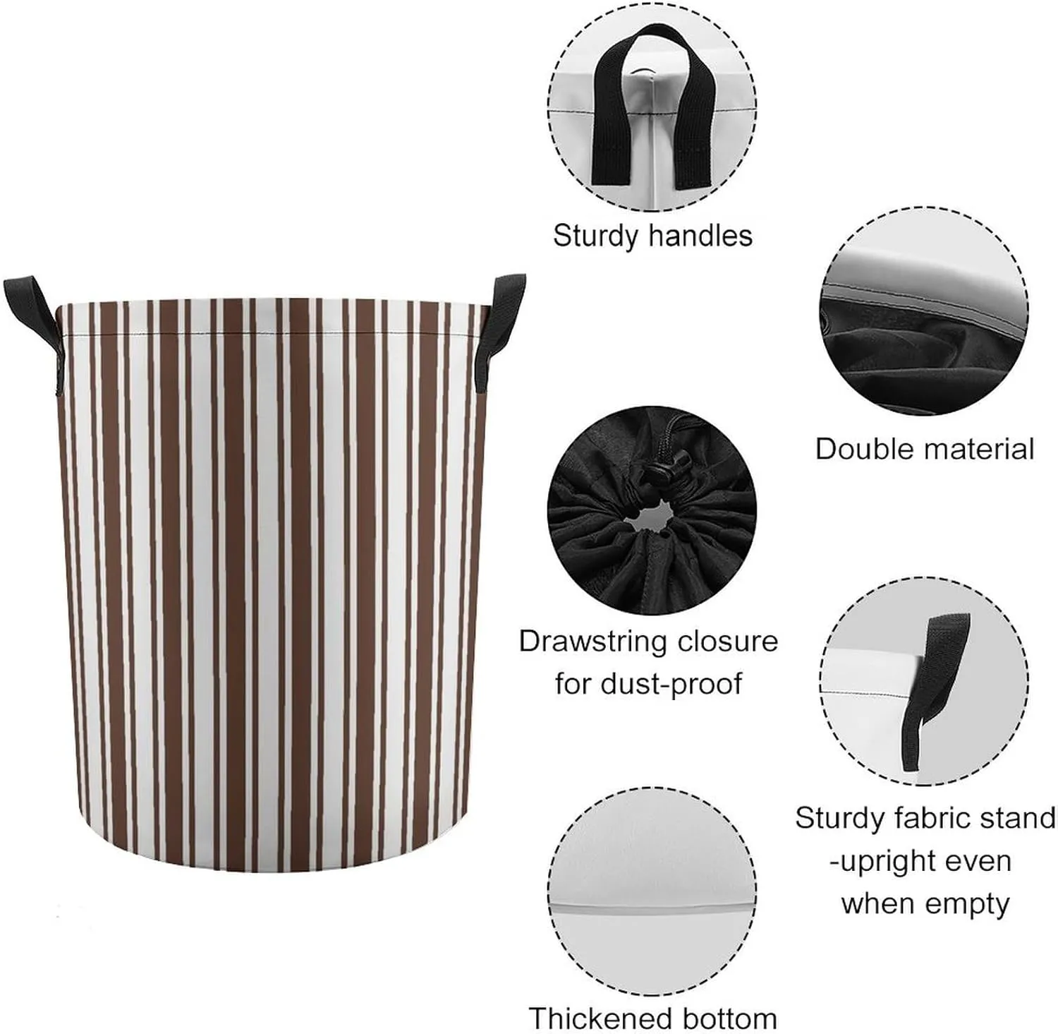 Large Laundry Hamper Bag, Chocolate Brown and White Candy Stripes Collapsible Laundry Basket with Drawstring Dirty Clothes Organizer Washing Bin for Family Essentials Storage