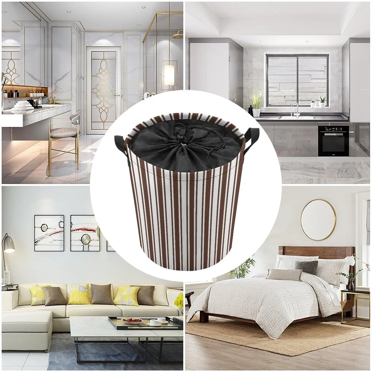 Large Laundry Hamper Bag, Chocolate Brown and White Candy Stripes Collapsible Laundry Basket with Drawstring Dirty Clothes Organizer Washing Bin for Family Essentials Storage
