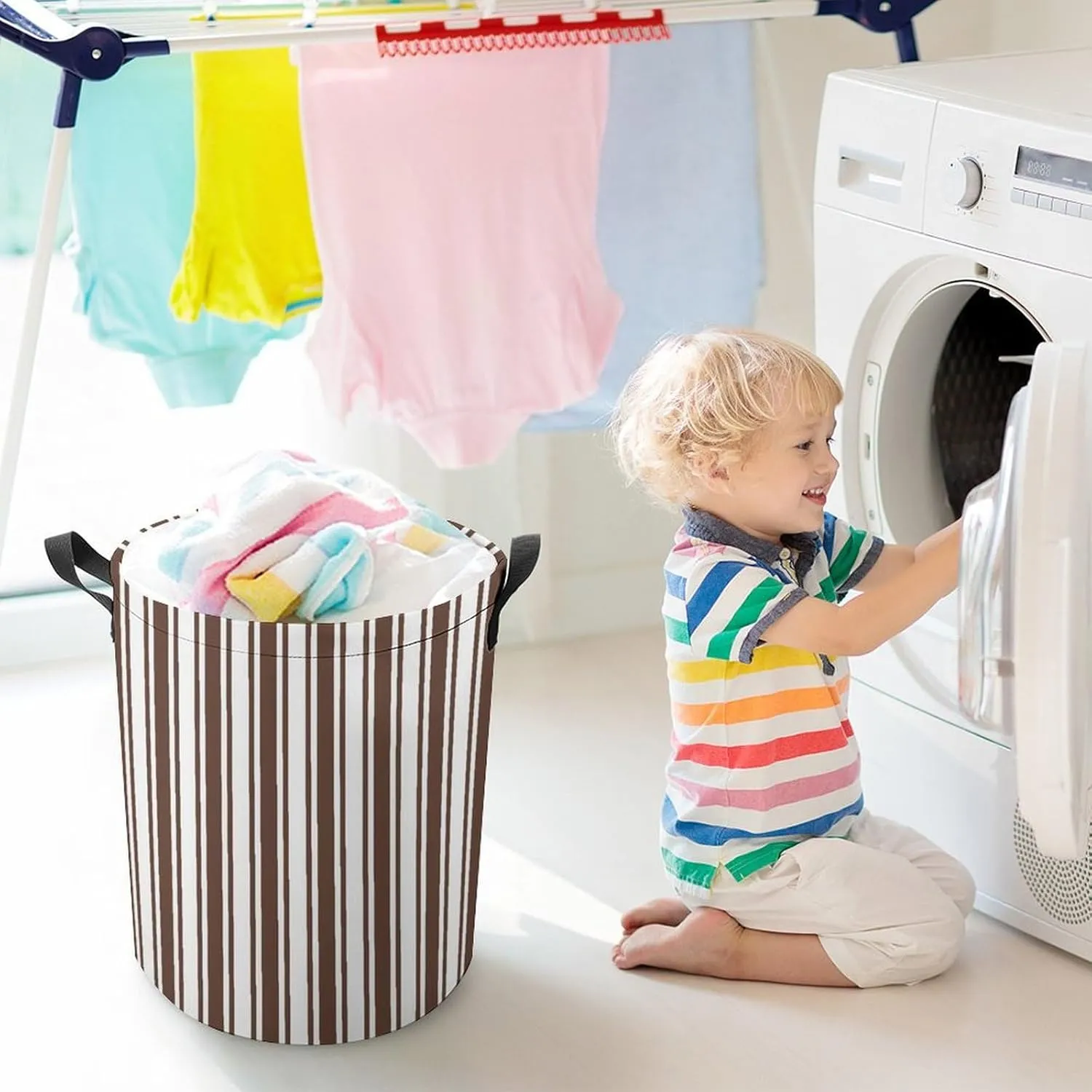 Large Laundry Hamper Bag, Chocolate Brown and White Candy Stripes Collapsible Laundry Basket with Drawstring Dirty Clothes Organizer Washing Bin for Family Essentials Storage
