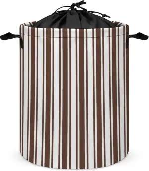 Large Laundry Hamper Bag, Chocolate Brown and White Candy Stripes Collapsible Laundry Basket with Drawstring Dirty Clothes Organizer Washing Bin for Family Essentials Storage