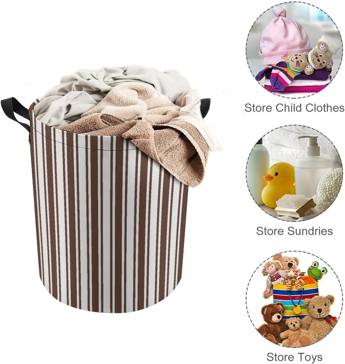 Large Laundry Hamper Bag, Chocolate Brown and White Candy Stripes Collapsible Laundry Basket with Drawstring Dirty Clothes Organizer Washing Bin for Family Essentials Storage