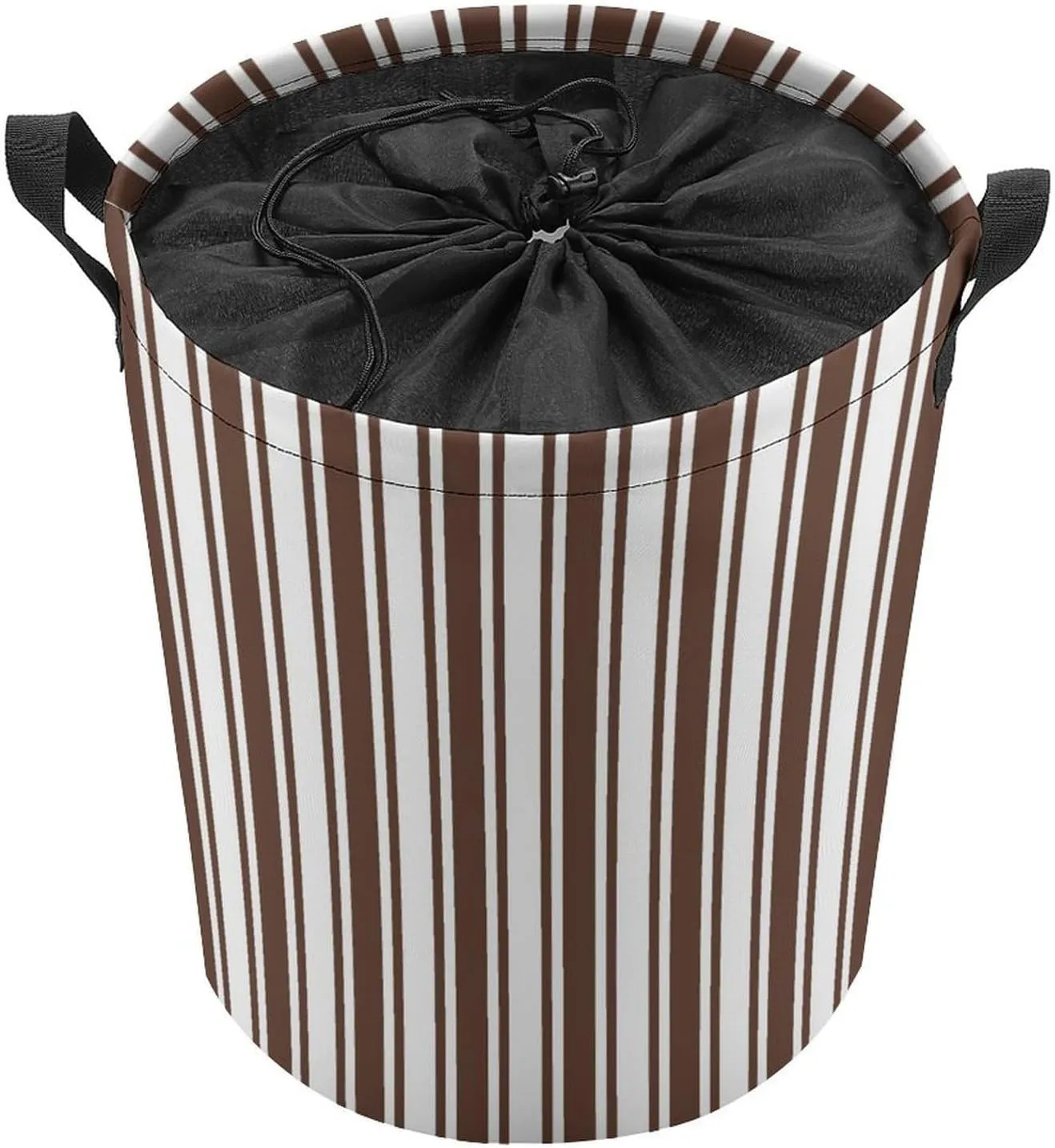 Large Laundry Hamper Bag, Chocolate Brown and White Candy Stripes Collapsible Laundry Basket with Drawstring Dirty Clothes Organizer Washing Bin for Family Essentials Storage