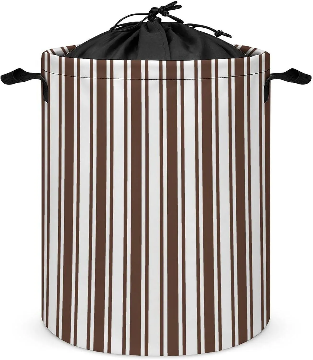 Large Laundry Hamper Bag, Chocolate Brown and White Candy Stripes Collapsible Laundry Basket with Drawstring Dirty Clothes Organizer Washing Bin for Family Essentials Storage