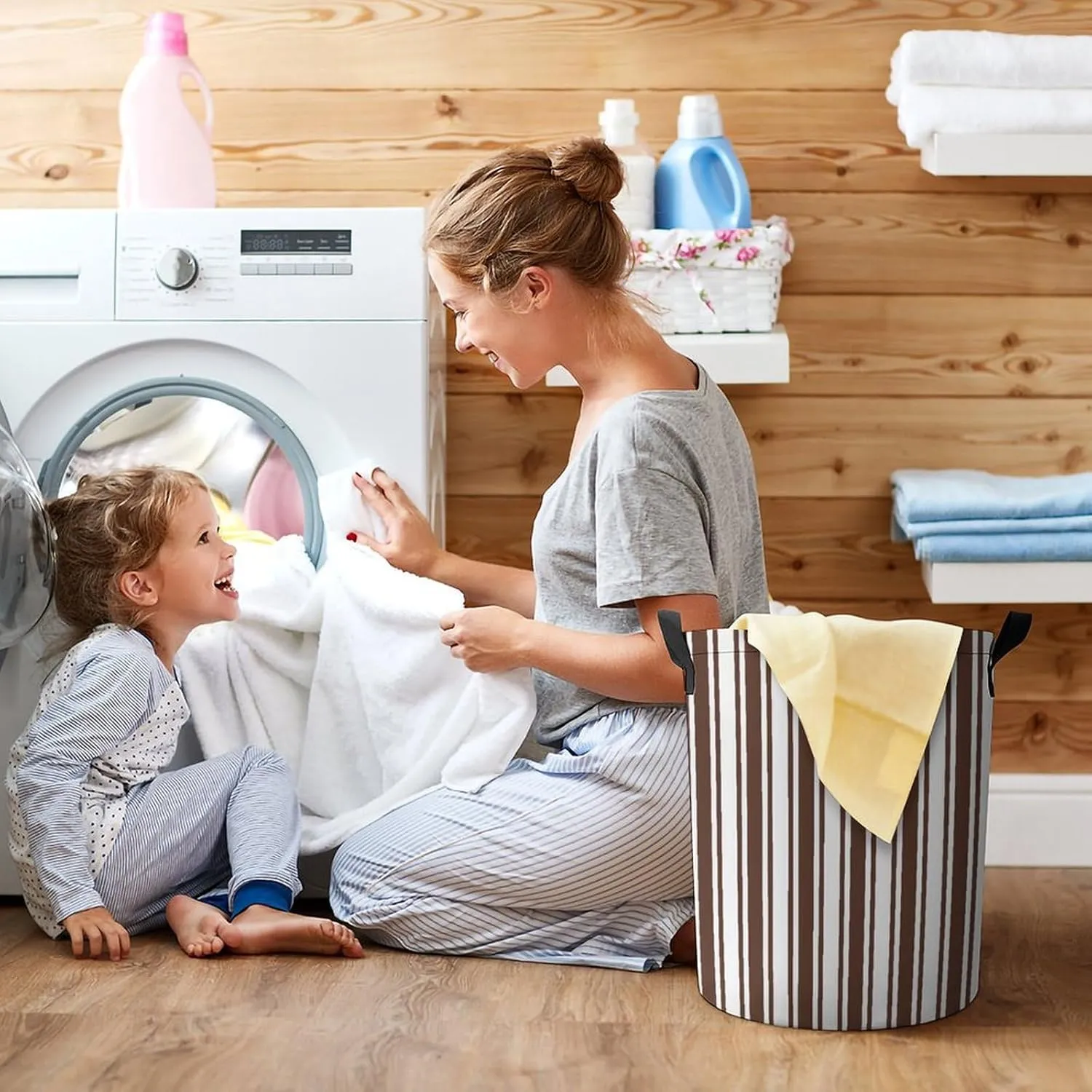 Large Laundry Hamper Bag, Chocolate Brown and White Candy Stripes Collapsible Laundry Basket with Drawstring Dirty Clothes Organizer Washing Bin for Family Essentials Storage