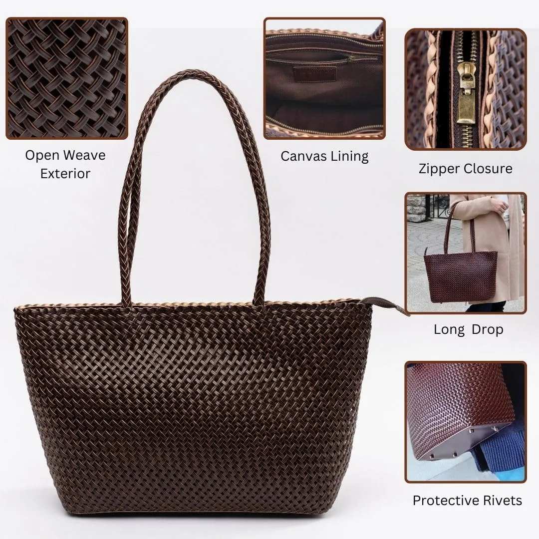Large Leather Tote Bag for Women - Premium Quality Woven Leather Handbag with Superior Zipper Closure & 2 Pockets
