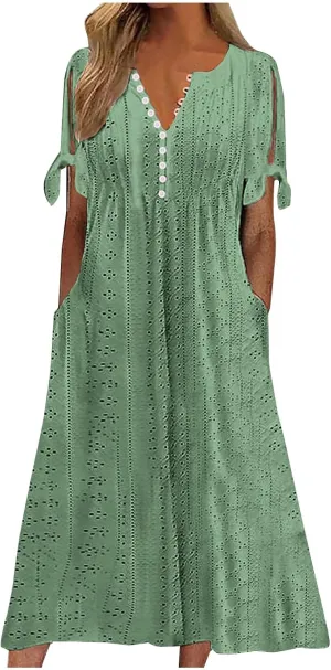 Lastesso Sundresses for Women 2025 Trendy Button Down Neck Short Sleeve Dresses with Pockets Lightweight Vacation Dresses