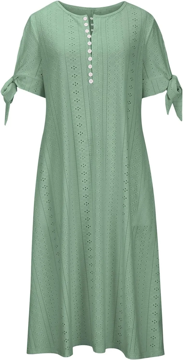 Lastesso Sundresses for Women 2025 Trendy Button Down Neck Short Sleeve Dresses with Pockets Lightweight Vacation Dresses
