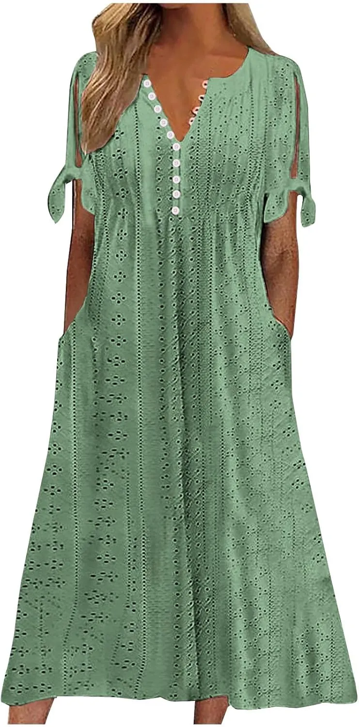 Lastesso Sundresses for Women 2025 Trendy Button Down Neck Short Sleeve Dresses with Pockets Lightweight Vacation Dresses