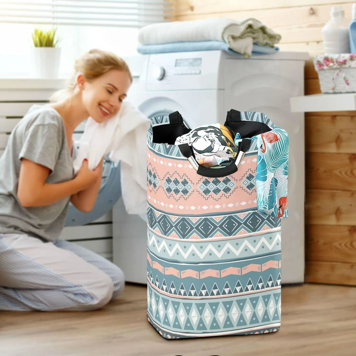 Laundry Basket Laundry Hamper Large Collapsible Bag Waterproof Clothes Basket Laundry with Handle Upright Well Dirty Holder for Clothes Toys in Bedroom Dorm Nursery Boho Blue