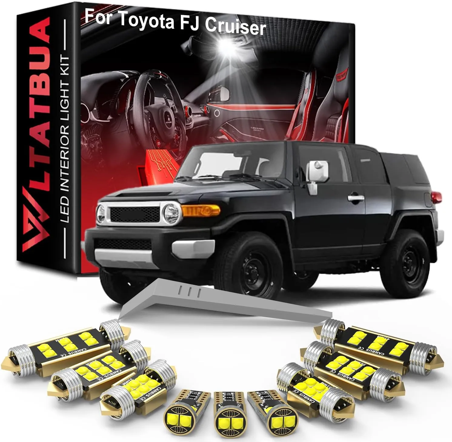 LED Interior Light Kit Package Replacement for Toyota FJ Cruiser 2006 2007 2008 2009 2010 2011 2012 2013 2014 2015, Super Bright 6000K White License Plate Bulbs   Install Tool