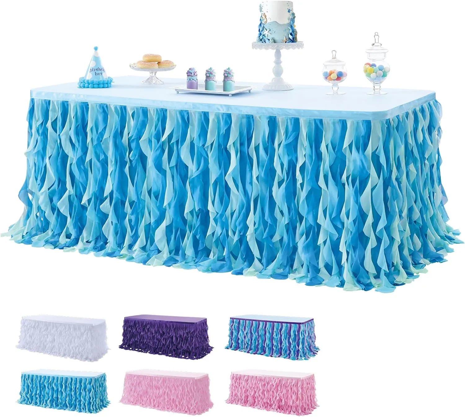 leegleri 108in Tulle Ruffle Curly Willow Table Skirt for 4/6/8FT Tables, Under The Sea Ocean Blue Baby Shark Themed Tutu Table Skirt for Baby Shower, Birthday Party