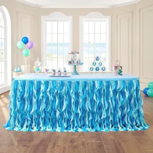leegleri 108in Tulle Ruffle Curly Willow Table Skirt for 4/6/8FT Tables, Under The Sea Ocean Blue Baby Shark Themed Tutu Table Skirt for Baby Shower, Birthday Party