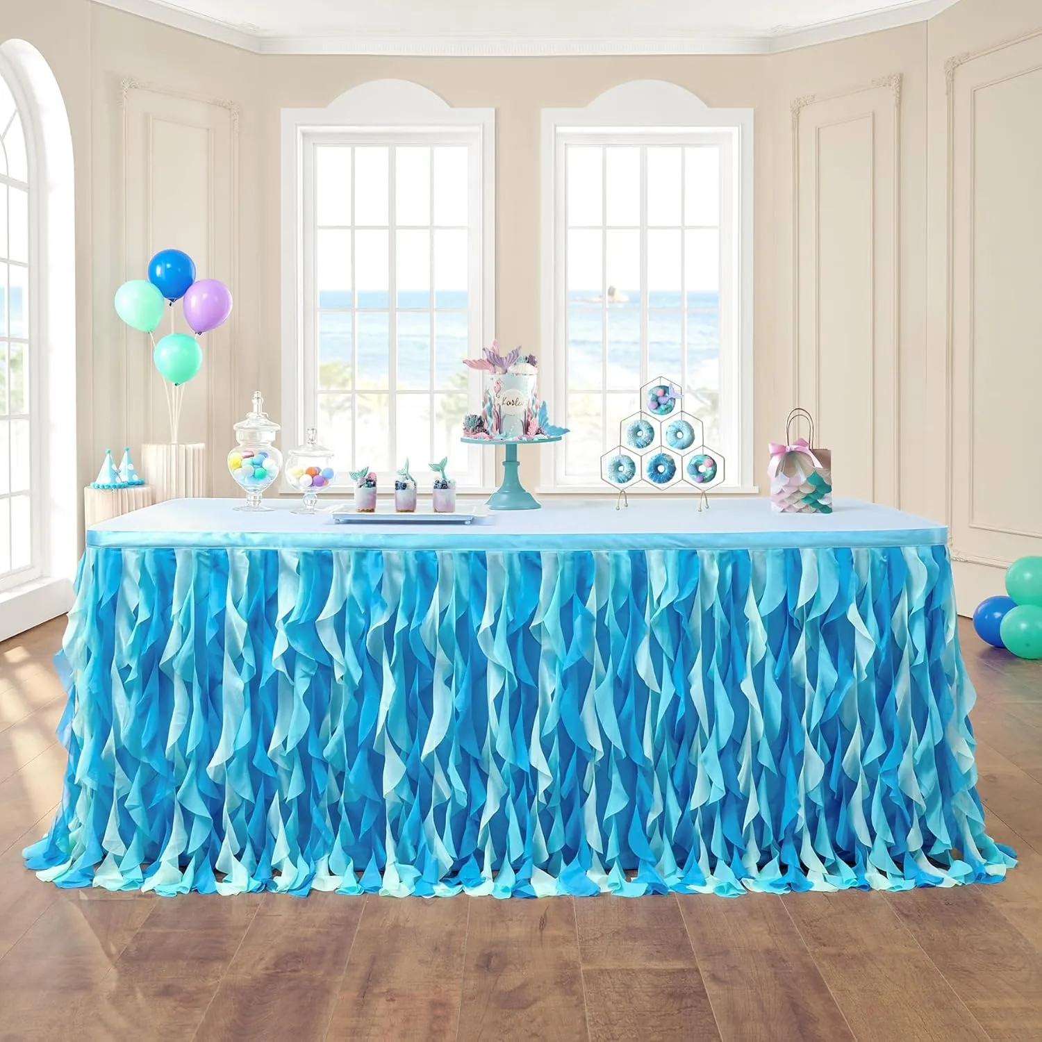 leegleri 108in Tulle Ruffle Curly Willow Table Skirt for 4/6/8FT Tables, Under The Sea Ocean Blue Baby Shark Themed Tutu Table Skirt for Baby Shower, Birthday Party