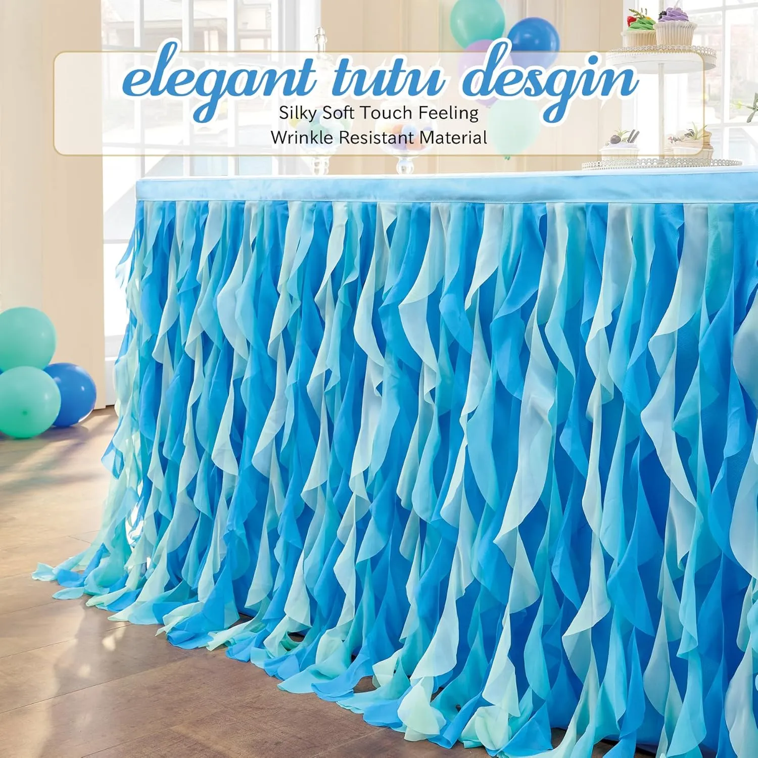 leegleri 108in Tulle Ruffle Curly Willow Table Skirt for 4/6/8FT Tables, Under The Sea Ocean Blue Baby Shark Themed Tutu Table Skirt for Baby Shower, Birthday Party