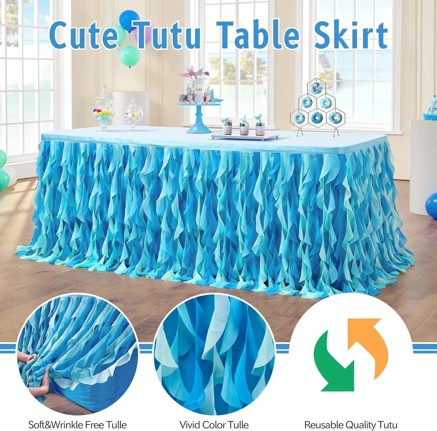 leegleri 108in Tulle Ruffle Curly Willow Table Skirt for 4/6/8FT Tables, Under The Sea Ocean Blue Baby Shark Themed Tutu Table Skirt for Baby Shower, Birthday Party