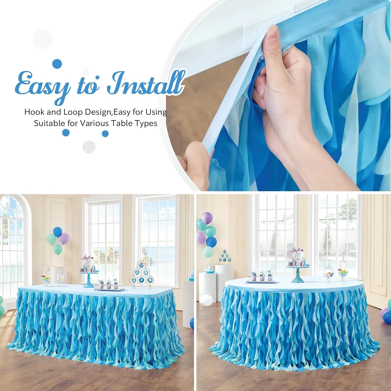 leegleri 108in Tulle Ruffle Curly Willow Table Skirt for 4/6/8FT Tables, Under The Sea Ocean Blue Baby Shark Themed Tutu Table Skirt for Baby Shower, Birthday Party