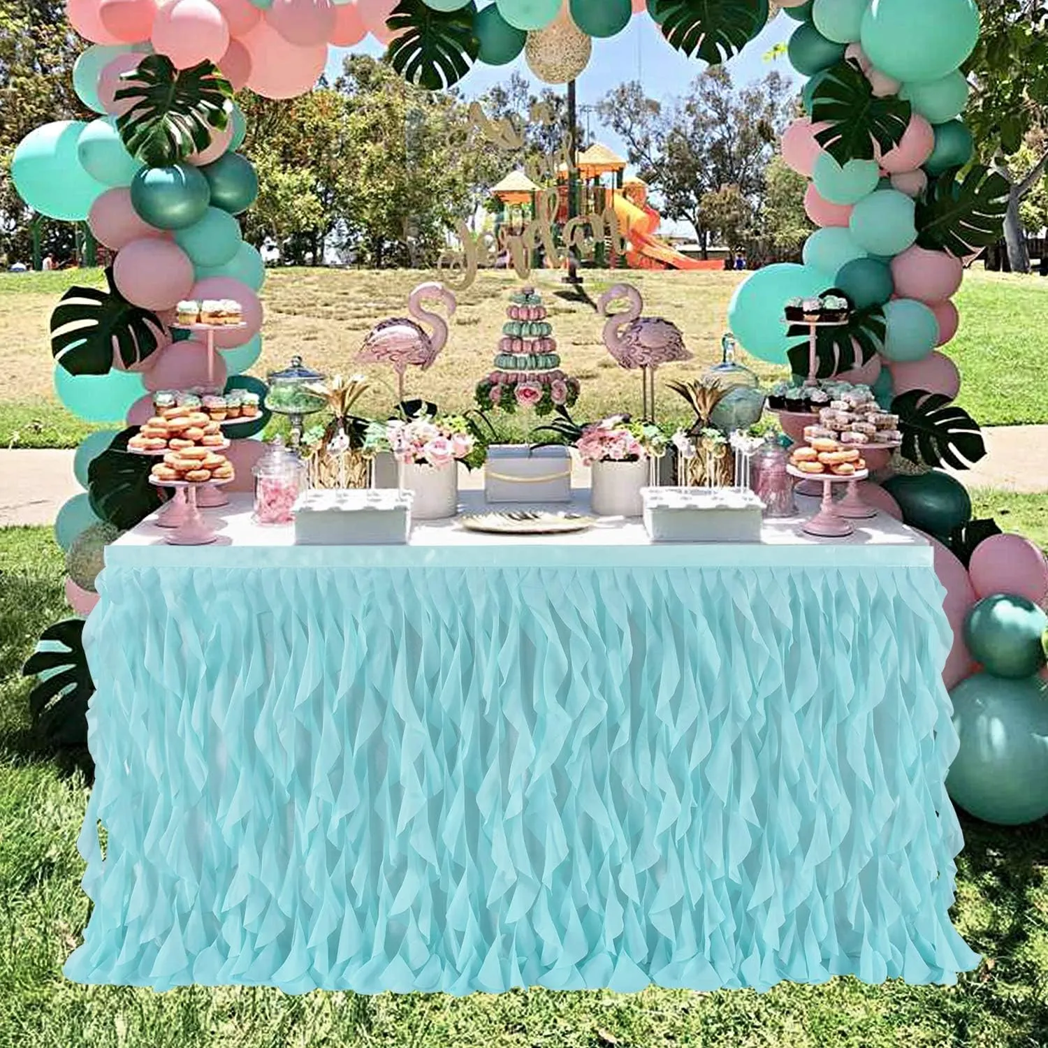 leegleri 14ft Mint Green Tutu Table Skirt.Tulle Table Skirt for Rectangle&Round Tables,Tutu Ruffle Tablecloth for Mermaid Party,Baby Shower Decoration,Gender Reveal,Under The Sea Decorations