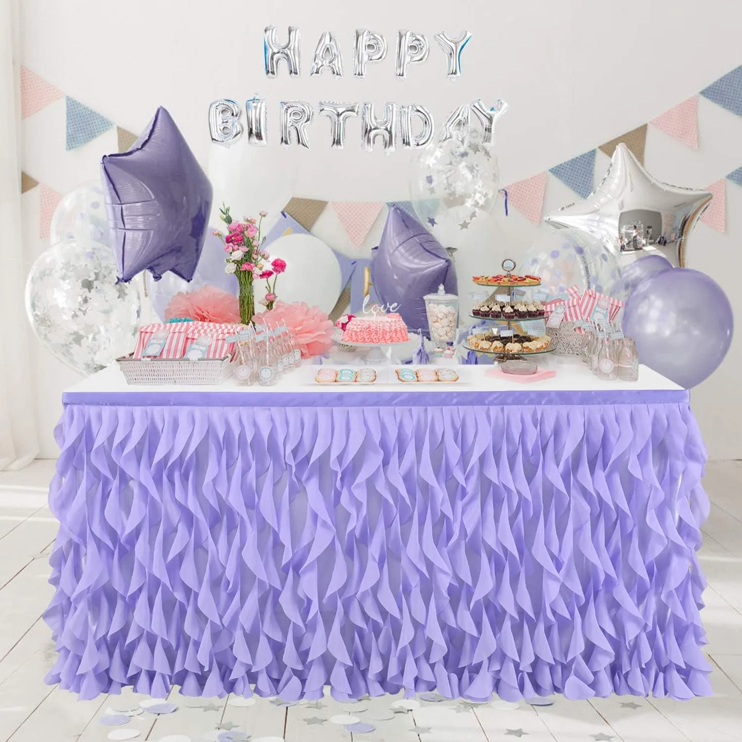 leegleri 9FT Lavender Purple Curly Willow Tulle Tutu Table Skirt for Rectangle or Round Table,Ruffle Table Skirts for Mermaid Party Baby Shower Decoration(9ft Table Skirt)
