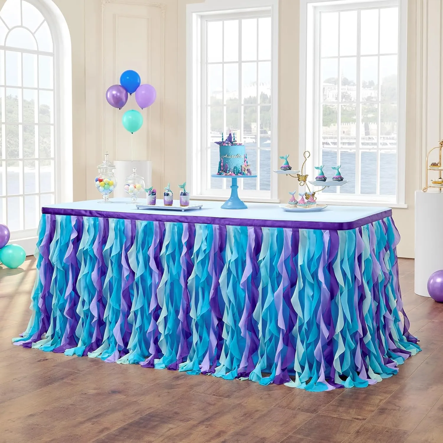 leegleri 9FT/108inch Mermaid Curly Willow Tulle Ruffle Table Skirt Rectangle Tables or Round Tables, Blue Tutu Table Skirt for Baby Shower Baby Shark Birthday Party