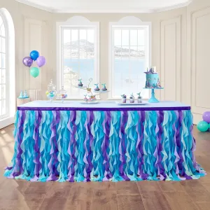 leegleri 9FT/108inch Mermaid Curly Willow Tulle Ruffle Table Skirt Rectangle Tables or Round Tables, Blue Tutu Table Skirt for Baby Shower Baby Shark Birthday Party