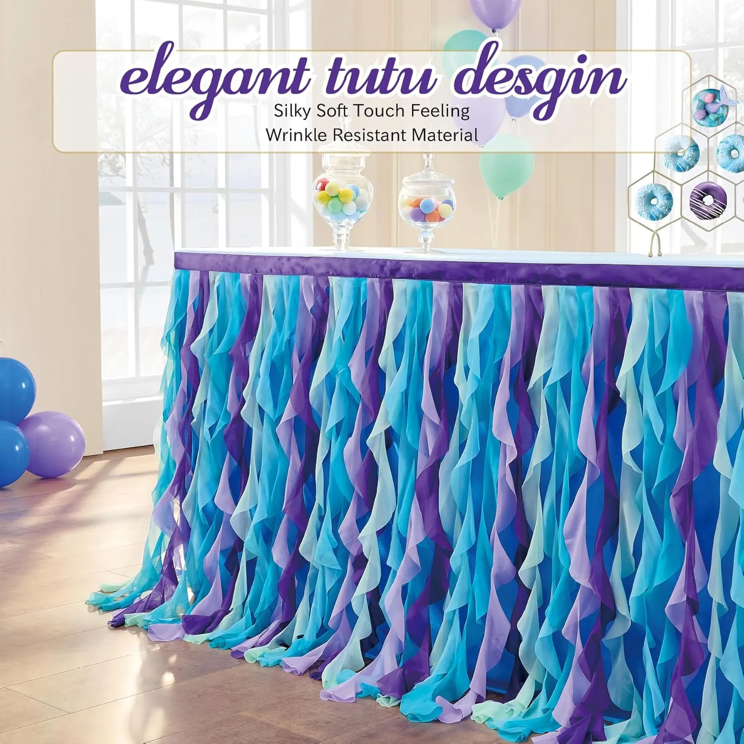 leegleri 9FT/108inch Mermaid Curly Willow Tulle Ruffle Table Skirt Rectangle Tables or Round Tables, Blue Tutu Table Skirt for Baby Shower Baby Shark Birthday Party