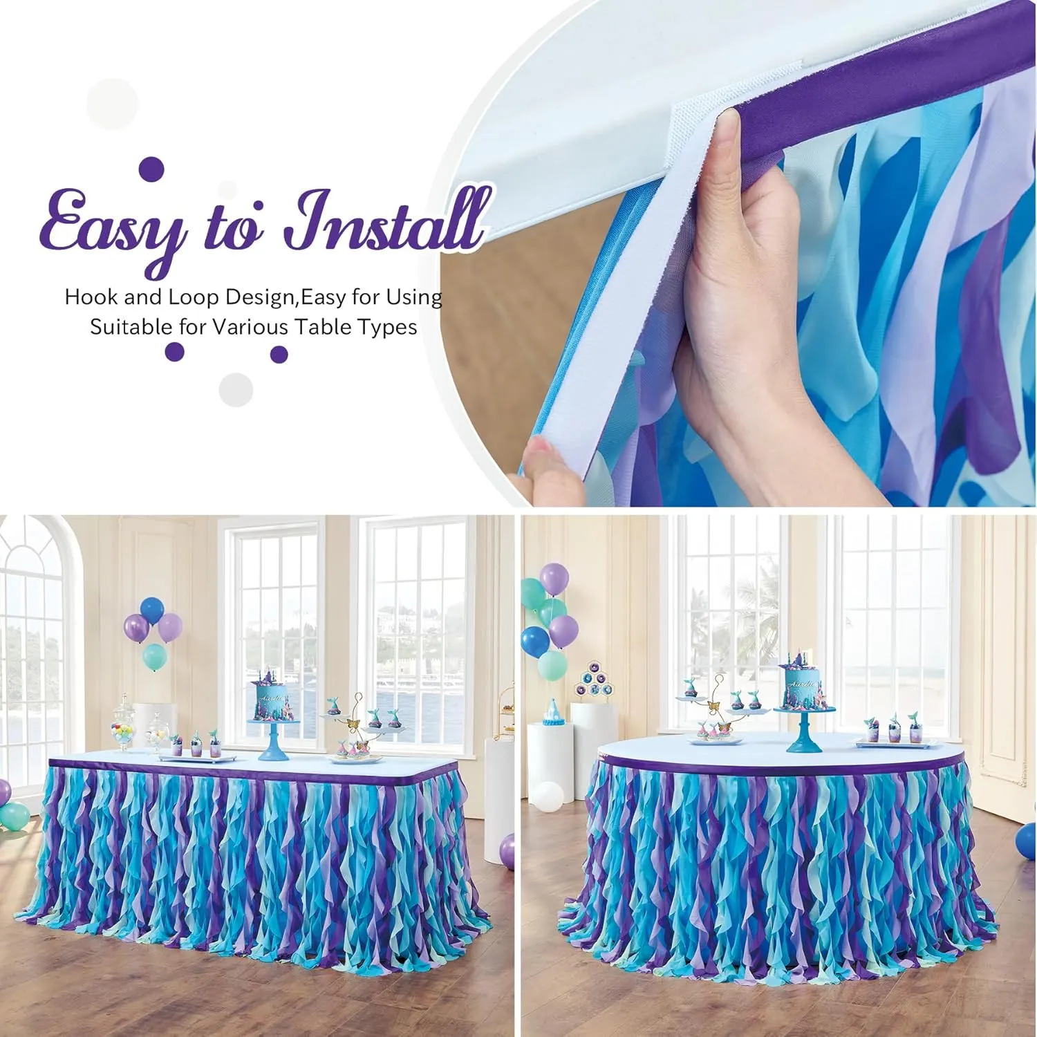 leegleri 9FT/108inch Mermaid Curly Willow Tulle Ruffle Table Skirt Rectangle Tables or Round Tables, Blue Tutu Table Skirt for Baby Shower Baby Shark Birthday Party