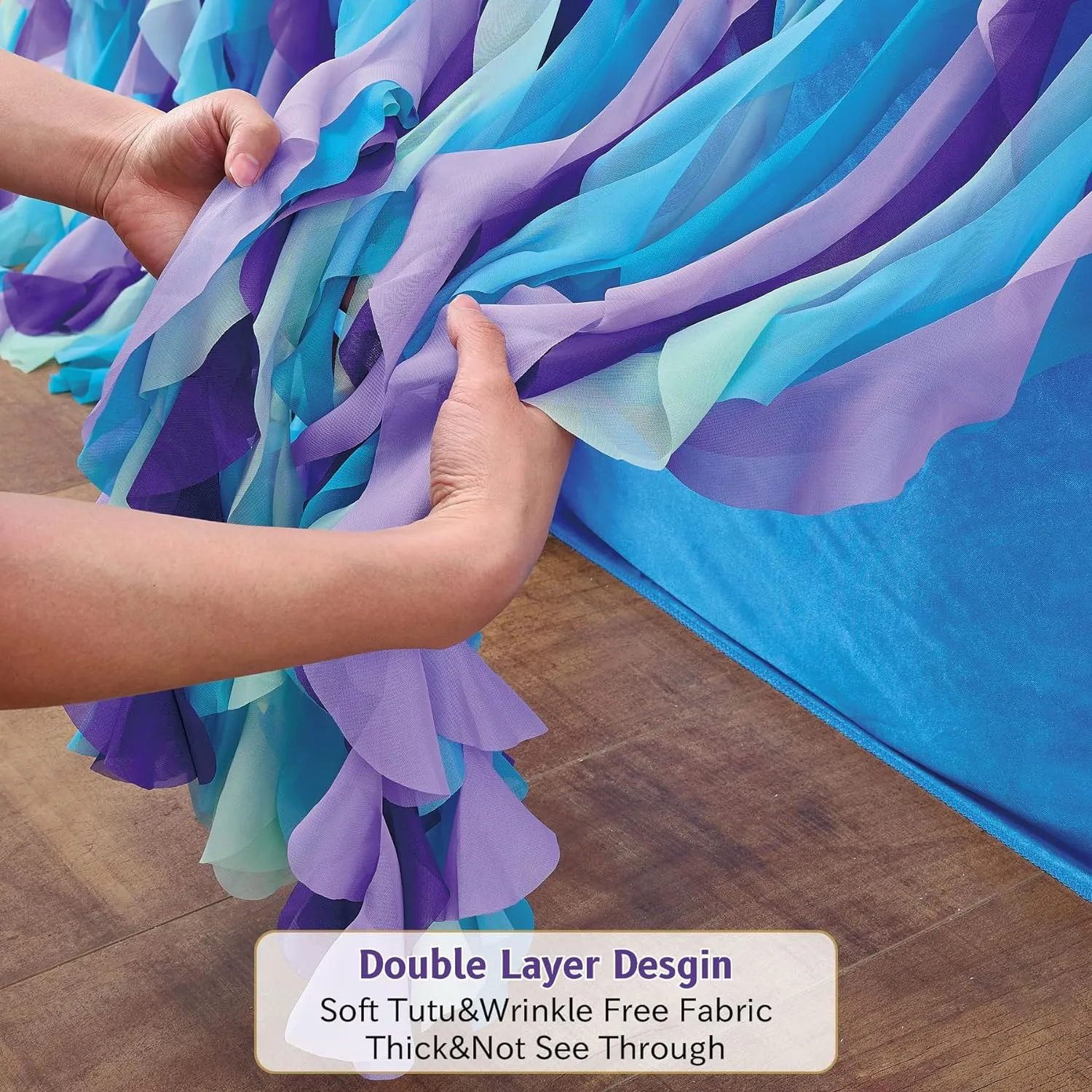 leegleri 9FT/108inch Mermaid Curly Willow Tulle Ruffle Table Skirt Rectangle Tables or Round Tables, Blue Tutu Table Skirt for Baby Shower Baby Shark Birthday Party