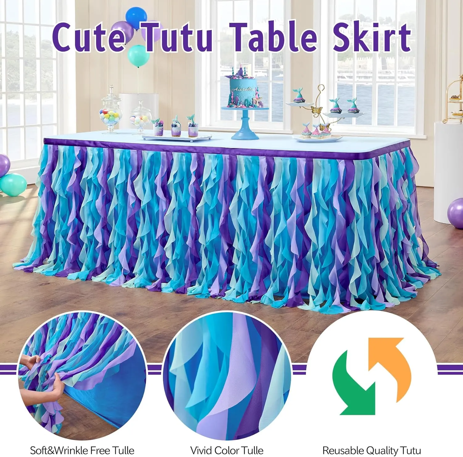 leegleri 9FT/108inch Mermaid Curly Willow Tulle Ruffle Table Skirt Rectangle Tables or Round Tables, Blue Tutu Table Skirt for Baby Shower Baby Shark Birthday Party