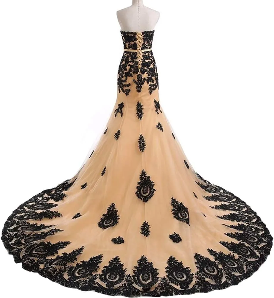 Lemai Mermaid Long Tulle Gold Lace Corset Sweetheart Wedding Dresses with Sash