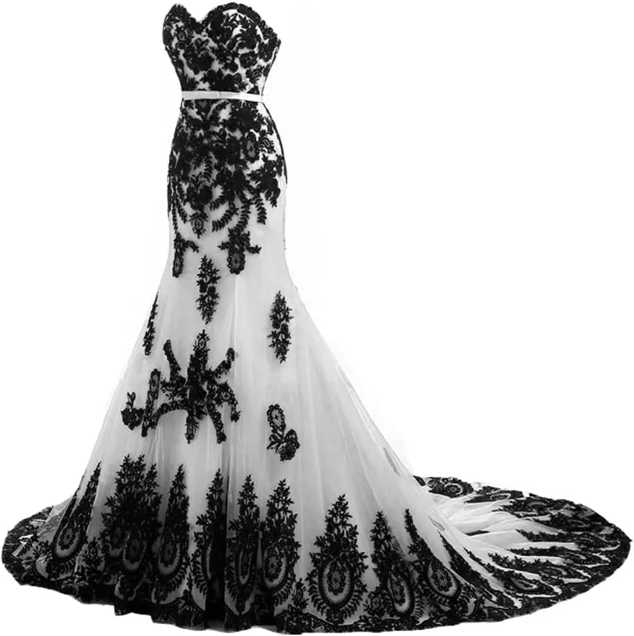 Lemai Mermaid Long Tulle Gold Lace Corset Sweetheart Wedding Dresses with Sash