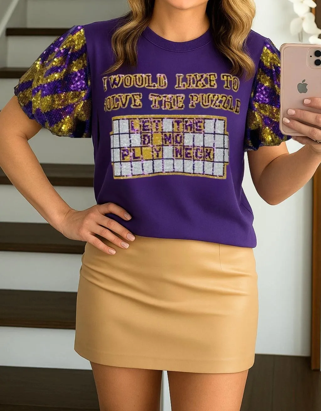 Let The Band Play Neck Purple Sequin Tiger Top
