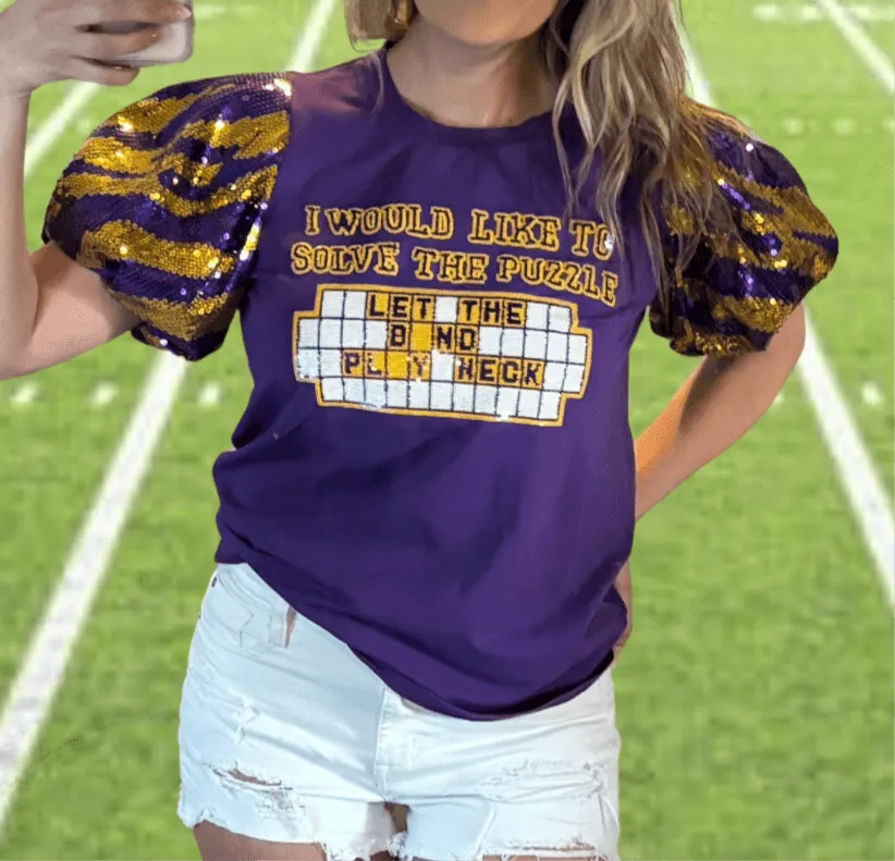 Let The Band Play Neck Purple Sequin Tiger Top