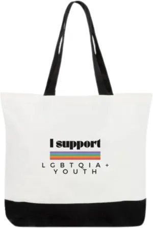 LGBTQIA  Youth Support Tote Bag, Rainbow Pride Design, White and Black Canvas, Large Shoulder Bag