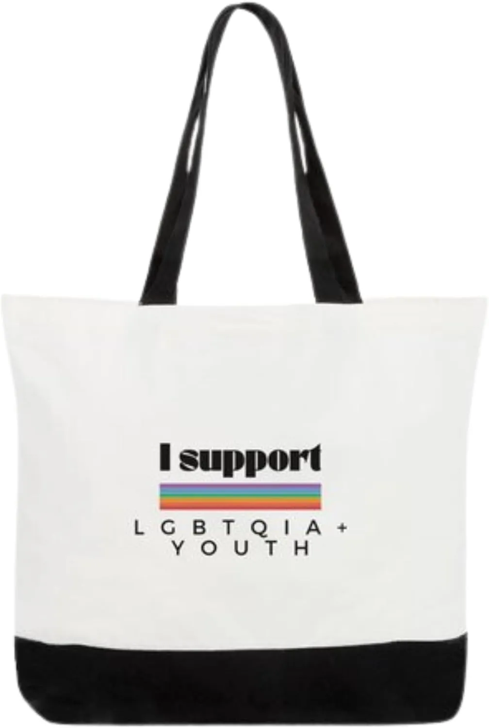 LGBTQIA  Youth Support Tote Bag, Rainbow Pride Design, White and Black Canvas, Large Shoulder Bag