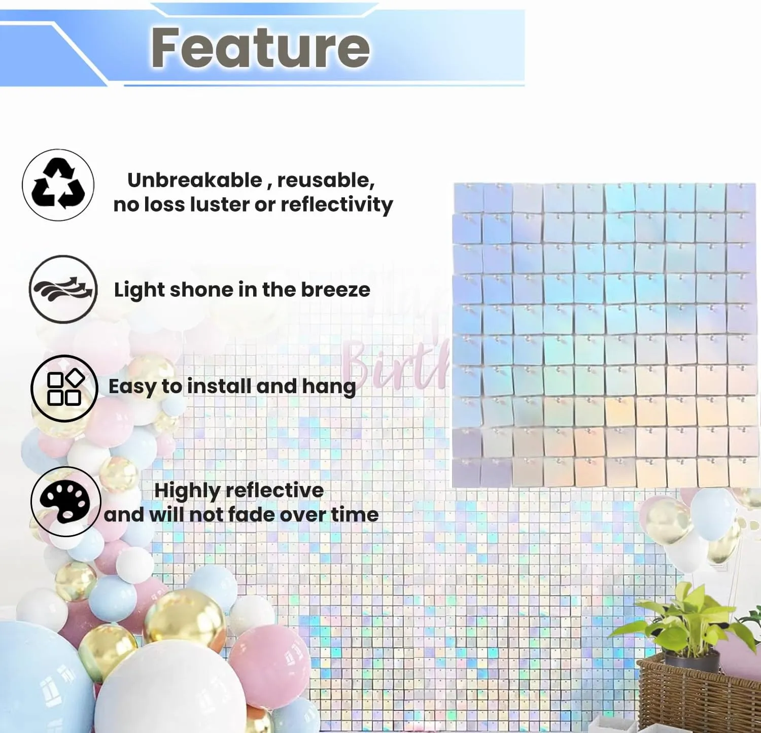 Light Blue Shimmer Wall Backdrop Panels, 12 PCS Square Glitter Sequin Backdrop, Shimmer Wall for Birthday, Anniversary, Wedding, Graduation, Disco, Bachelorette House Party Decoration