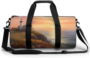 Lighthouse on Hillside Seaside Cottage Travel Gym Bag for Women Men Cylindrical Duffle Bag Sport Workout Bag with Shoulder Strap