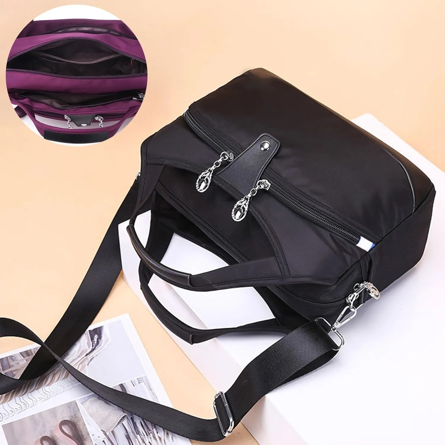 Lightweight Anti Theft Handbag, Fashion Waterproof Oxford Cloth Satchel, Zipper Multi-Layer (Light Gray)