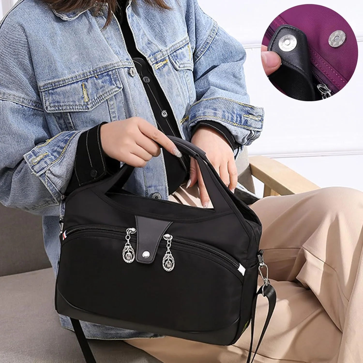 Lightweight Anti Theft Handbag, Fashion Waterproof Oxford Cloth Satchel, Zipper Multi-Layer (Light Gray)