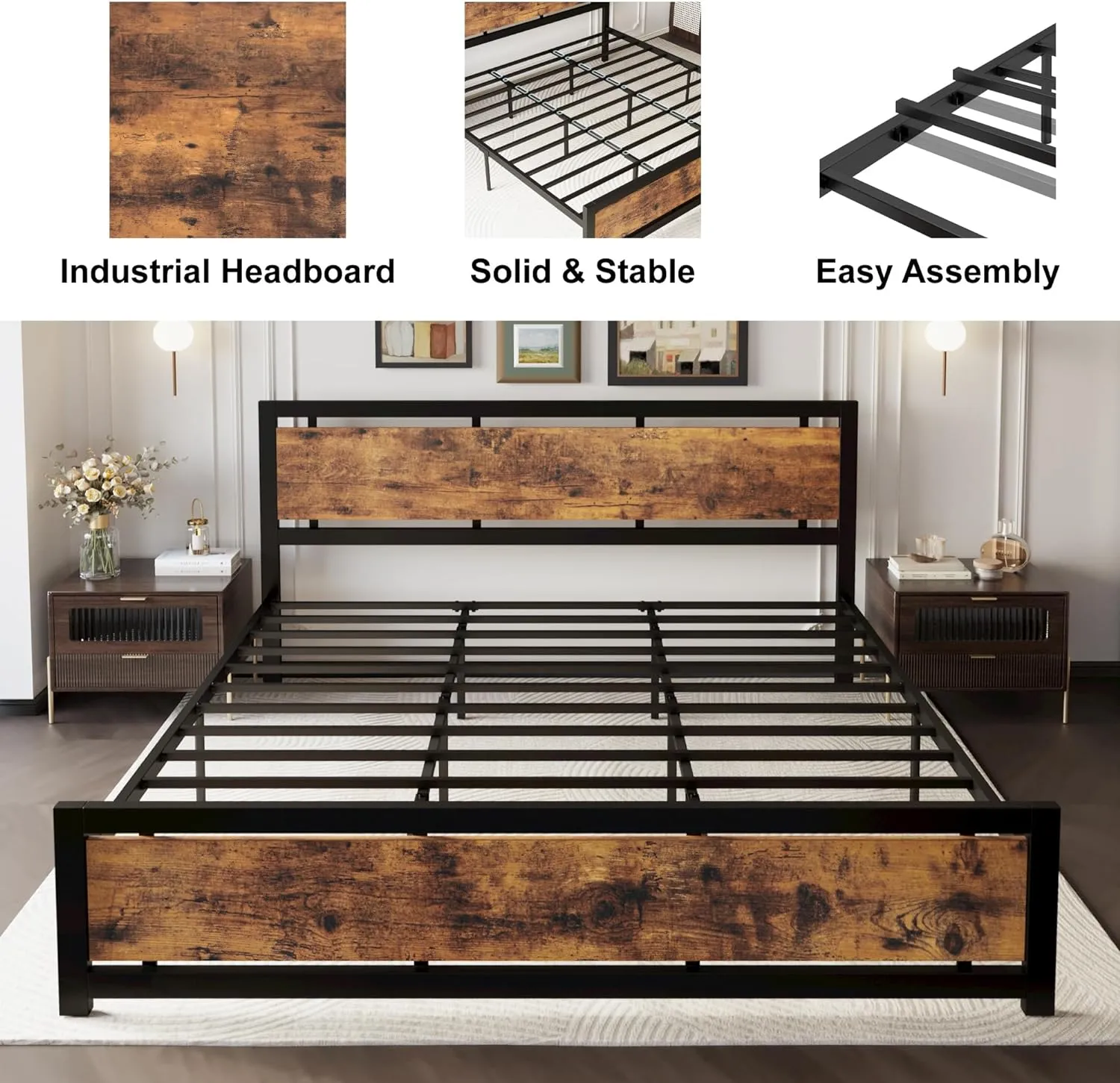 LIKIMIO King Bed Frame with Headboard and Footboard, Metal Strong Supports, Easy Assembly, Noise-Free, No Box Spring Needed, Vintage Brown