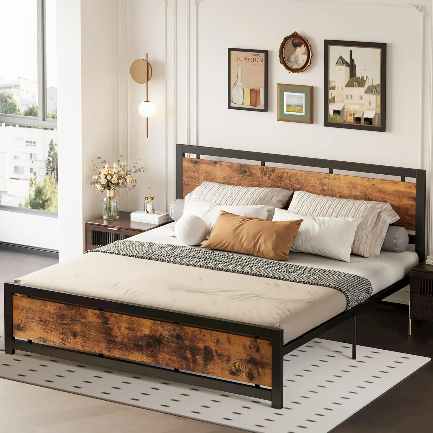 LIKIMIO King Bed Frame with Headboard and Footboard, Metal Strong Supports, Easy Assembly, Noise-Free, No Box Spring Needed, Vintage Brown