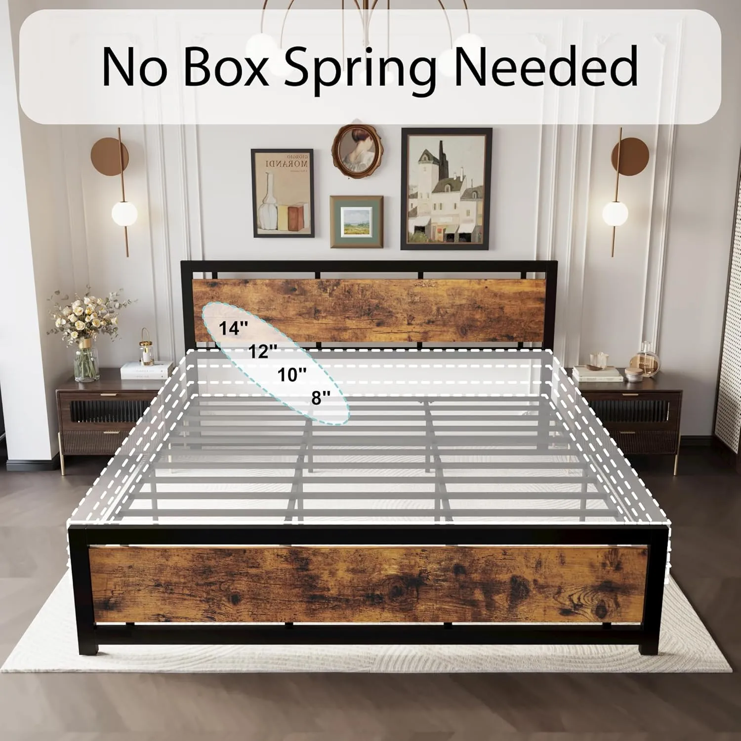 LIKIMIO King Bed Frame with Headboard and Footboard, Metal Strong Supports, Easy Assembly, Noise-Free, No Box Spring Needed, Vintage Brown