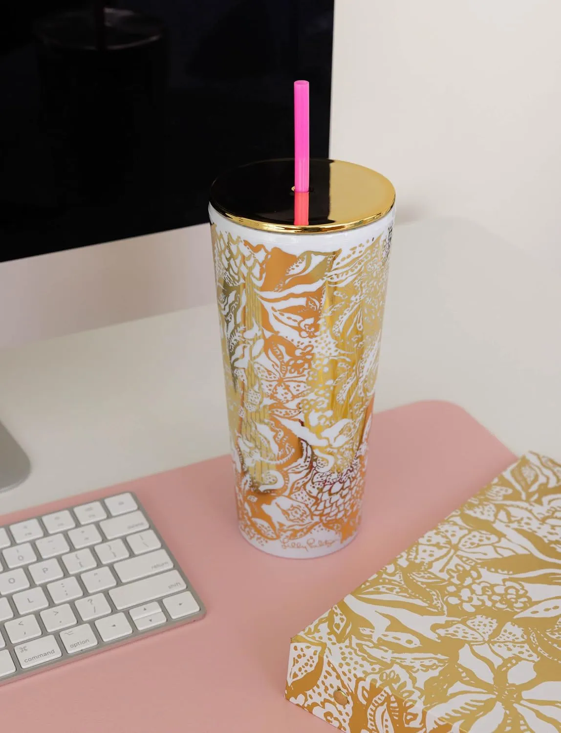 Lilly Pulitzer Gold Double Wall Tumbler with Lid and Reusable Straw, Insulated Travel Cup Holds 24 Ounces, Safari Sangria