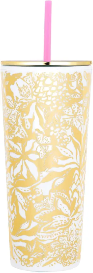 Lilly Pulitzer Gold Double Wall Tumbler with Lid and Reusable Straw, Insulated Travel Cup Holds 24 Ounces, Safari Sangria