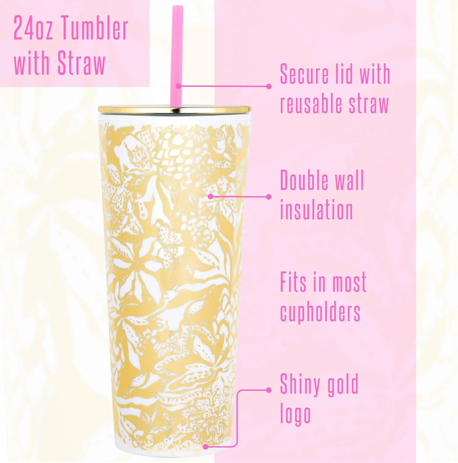 Lilly Pulitzer Gold Double Wall Tumbler with Lid and Reusable Straw, Insulated Travel Cup Holds 24 Ounces, Safari Sangria