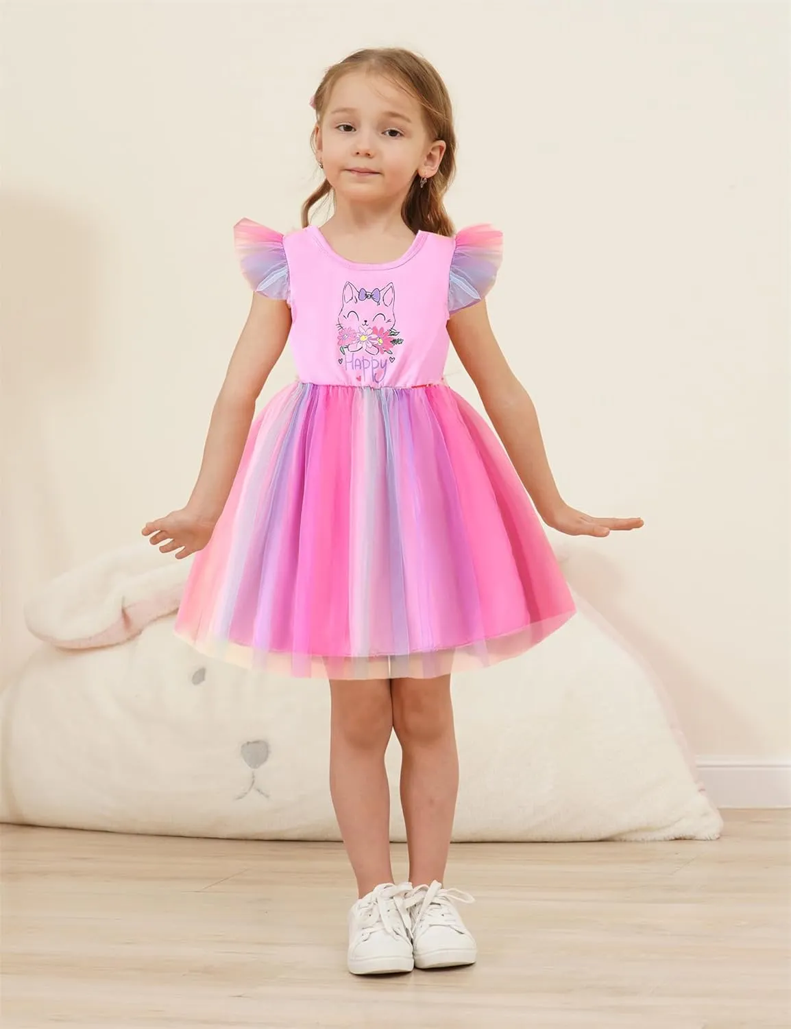 Little Girls Tulle Tutu Dress - Toddler Kids Flutter Sleeve Princess Sundress Casual Summer Outfit Clothes for 2-7Y