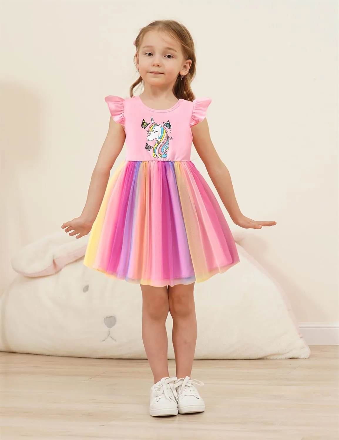 Little Girls Tulle Tutu Dress - Toddler Kids Flutter Sleeve Princess Sundress Casual Summer Outfit Clothes for 2-7Y