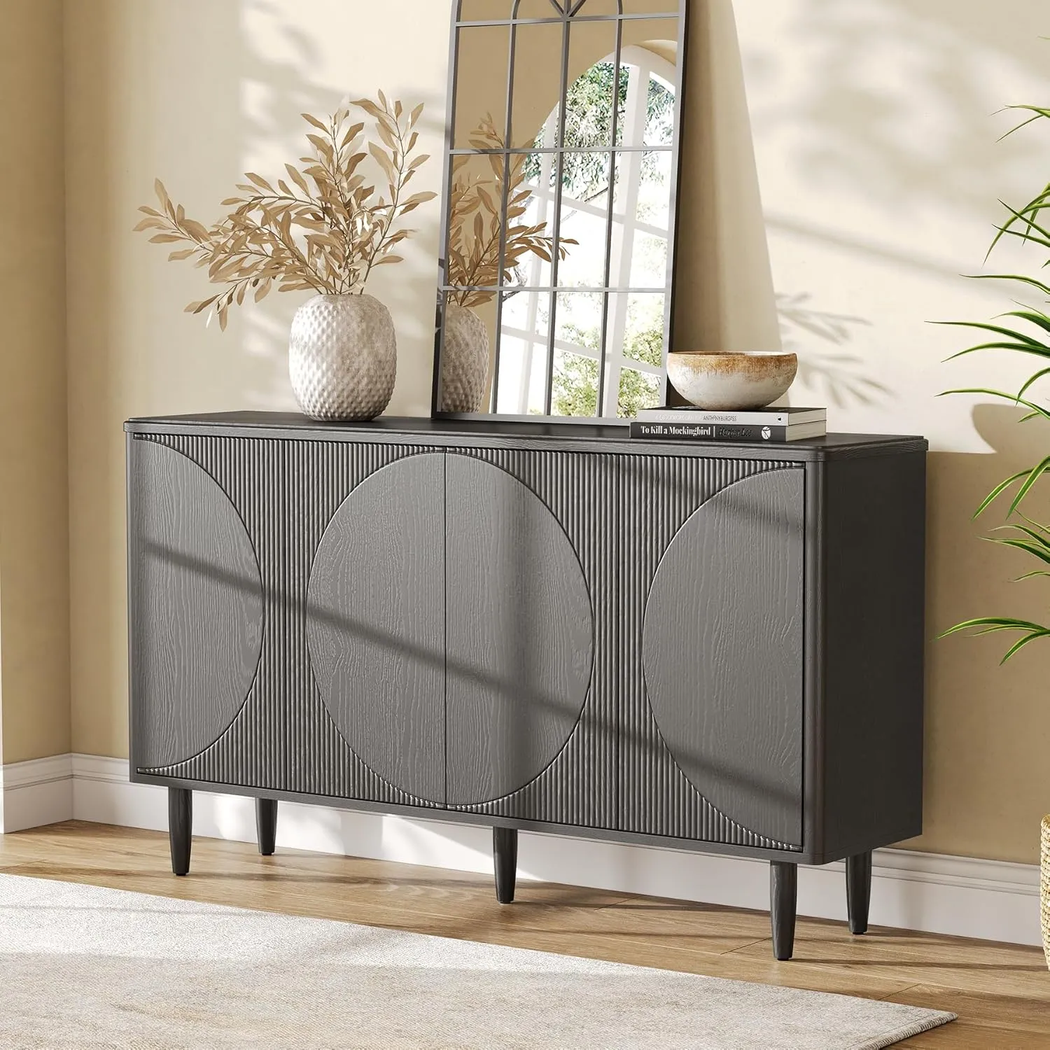 LITTLE TREE 59-Inch Buffet Cabinet Sideboard with Storage, Modern Sideboard Buffet Table with Doors for Living Room, Dining Room (Black)