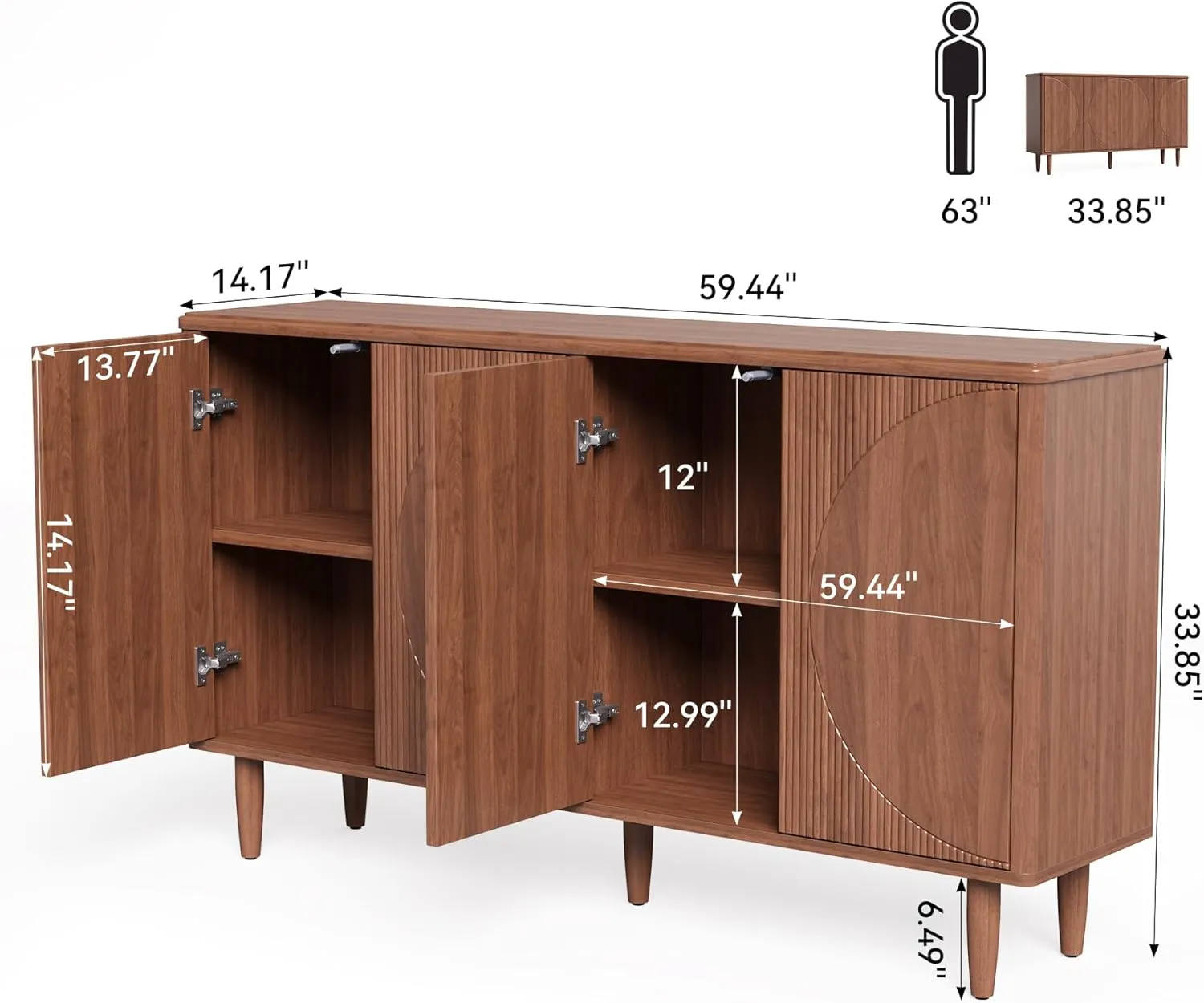 LITTLE TREE 59-Inch Buffet Cabinet Sideboard with Storage, Modern Sideboard Buffet Table with Doors for Living Room, Dining Room (Walnut)